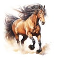 Beautiful horse watercolor painting, a brown stallion galloping across a meadow or desert on a white background Royalty Free Stock Photo