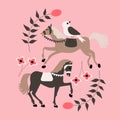 Beautiful horses in a folk art composition. Vector elements Royalty Free Stock Photo