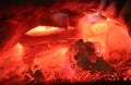 Beautiful hot burning campfire with orange flames and embers in a close up view Royalty Free Stock Photo