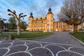 Beautiful hotel castle in Velden at Worthersee in the morning