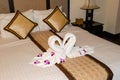 Beautiful hotel for honeymoon sweet.Swan couple put on honeymoon bed in a hotel in Vietnam