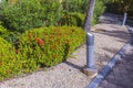 Beautiful hotel landscape design featuring small streetlights and tropical plants along the sidewalk. Royalty Free Stock Photo