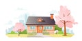 Beautiful house amidst the pink flowering cherry trees Royalty Free Stock Photo