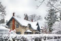 Beautiful house covered snow located in the Queen Street, Niagara on the Lake. Ontario, Canada Royalty Free Stock Photo