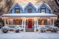 Beautiful house decorated for Christmas and New Year with snow in winter Royalty Free Stock Photo