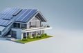 Beautiful house equipped with solar panels for clean energy, surrounded by nature, represents an eco-friendly environment and Royalty Free Stock Photo