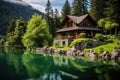 Beautiful House in Mountains, Modern Wood Cottage Near Forest Lake Royalty Free Stock Photo