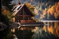 Beautiful House in Mountains, Modern Wood Cottage Near Forest Lake Royalty Free Stock Photo