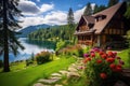 Beautiful House in Mountains, Modern Wood Cottage Near Forest Lake Royalty Free Stock Photo