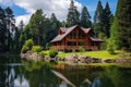 Beautiful House in Mountains, Modern Wood Cottage Near Forest Lake Royalty Free Stock Photo
