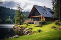 Beautiful House in Mountains, Modern Wood Cottage Near Forest Lake Royalty Free Stock Photo