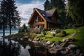 Beautiful House in Mountains, Modern Wood Cottage Near Forest Lake Royalty Free Stock Photo