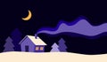 Beautiful house at night in winter season flat cartoon style background vector illustration. Merry Christmas and happy Royalty Free Stock Photo