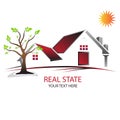 House Home Logo. red house. sun & green tree