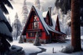 beautiful house with red windows and high eaves against background of snow-covered forest landscape exterior of the