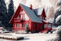 beautiful house with red windows and high eaves against background of snow-covered forest landscape exterior of the