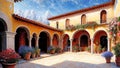 Beautiful house surrounded by flowers, mediterranean architecture oil painting on canvas