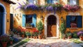 Beautiful house surrounded by flowers, mediterranean architecture oil painting on canvas