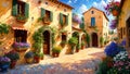 Beautiful house surrounded by flowers, mediterranean architecture oil painting on canvas