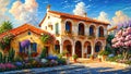 Beautiful house surrounded by flowers, mediterranean architecture oil painting on canvas