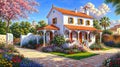 Beautiful house surrounded by flowers, mediterranean architecture oil painting on canvas