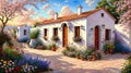 Beautiful house surrounded by flowers, mediterranean architecture oil painting on canvas