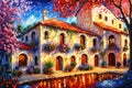 Beautiful house surrounded by flowers, mediterranean architecture oil painting on canvas