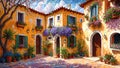 Beautiful house surrounded by flowers, mediterranean architecture oil painting on canvas