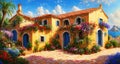 Beautiful house surrounded by flowers, mediterranean architecture oil painting on canvas