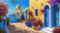 Beautiful house surrounded by flowers, mediterranean architecture oil painting on canvas