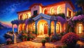 Beautiful house surrounded by flowers at night, mediterranean architecture oil painting on canvas