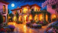 Beautiful house surrounded by flowers at night, mediterranean architecture oil painting on canvas
