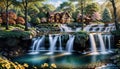 Beautiful House & Waterfall near the mansion in the forest Royalty Free Stock Photo