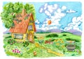 Beautiful house with well, tree and garden flowers against the summer field and balloon in sky