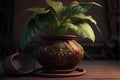 Beautiful houseplant in a clay pot on a wooden table.