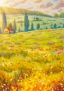 Beautiful houses in flower mountains oil painting. Mountain summer floral landscape