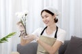 Beautiful housewife is cleaning things and vases in the living room