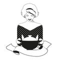 Beautiful housewife dressed in retro style carrying a pot and banner for text. Illustration for home cooking or vintage