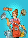 A beautiful housewife girl organizes cleaning and life in her house for the whole family and herself. Multitasking