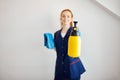 Beautiful housewife holds cleaning tools and shows bottle Royalty Free Stock Photo