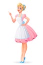 Beautiful housewife in pink dress finger point up. Vector illustration. Royalty Free Stock Photo