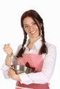 Beautiful housewife preparing with egg beater