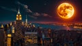 Beautiful huge moon, New York fantastic urban night cityscape Royalty Free Stock Photo