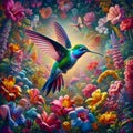 A beautiful humingbird in a garden, with vibrant explosion flowers, its feathers echoing the colors of blooming petals, painting