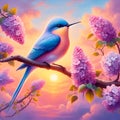 A beautiful humingbird in lilac, blue and pink colors, perches on a branch of a spring tree, with flower, on sunset, painting