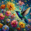 A beautiful humingbird in a painting art, inspired by Van Gogh, with wildflowers explosion in vibrant, colorful blooming petals