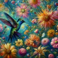 A beautiful humingbird in painting art, with its iridescent feathers, echoing the colors of blooming petals, vibrant wildflowers