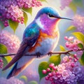 A beautiful humingbird, with spring tree, perched on a branch, in a painting art of William Harris style