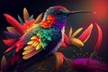 colorful hummingbird bird on a flower,a beautiful hummingbird bird on a dark background sits on a flower,Generative AI