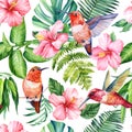 Beautiful hummingbird birds, pink hibiscus flowers, palm leaf. Watercolor botanical painting, Seamless pattern Royalty Free Stock Photo